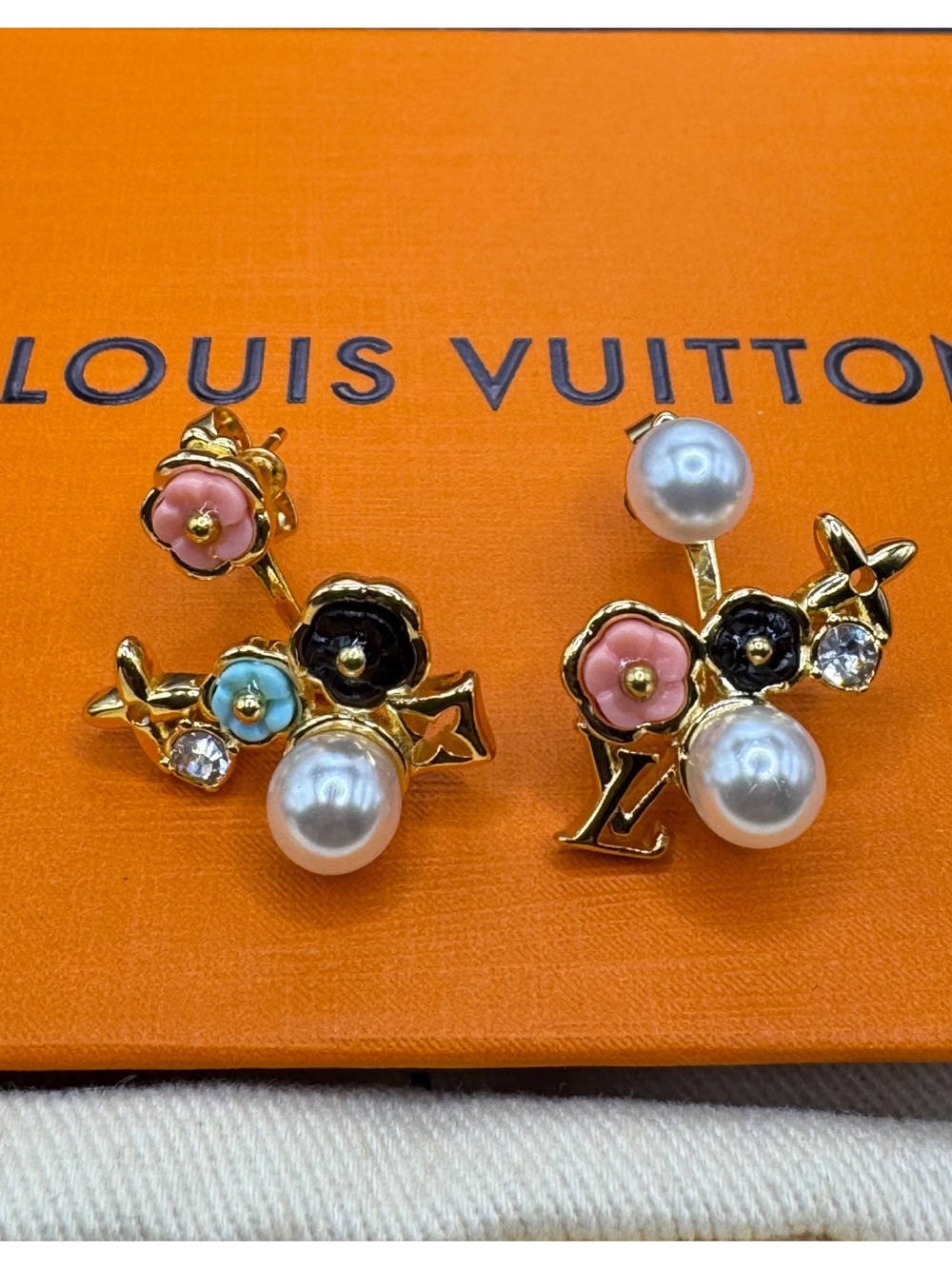 Louis Vuitton Gold Floral Pearl Cluster Earrings in Pink, Black, Blue and White